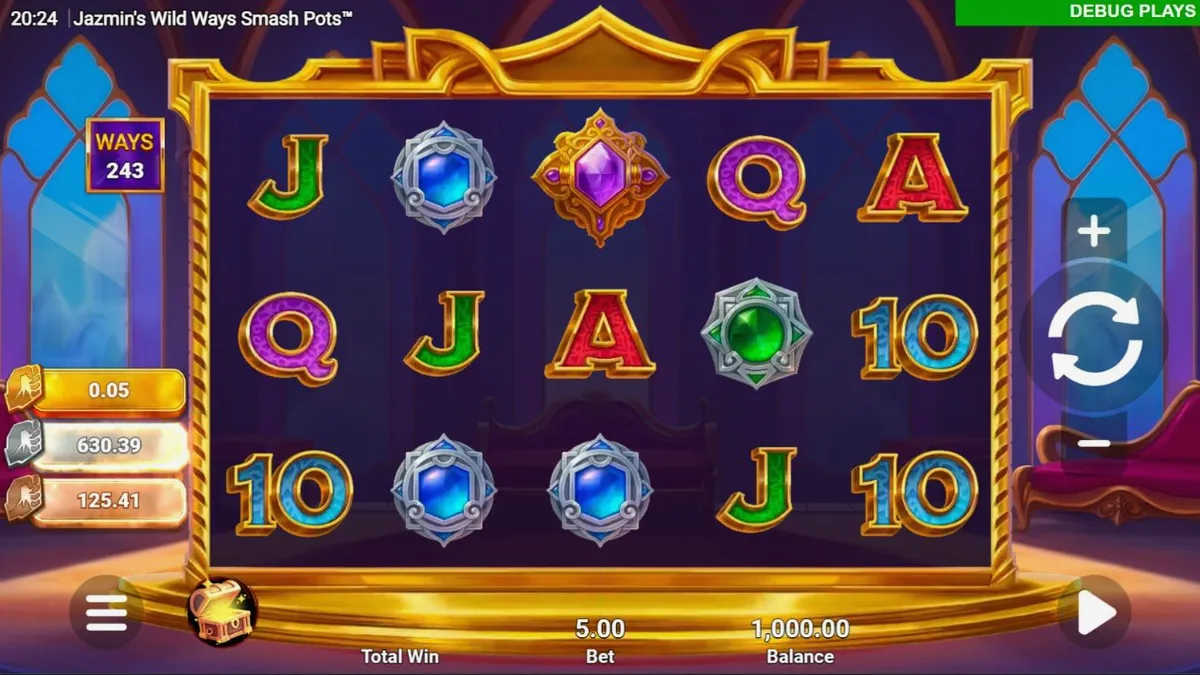 Tampilan visual slot Jazmin’s Wild Ways Smash Pots dengan latar belakang istana Arab dan gulungan emas.