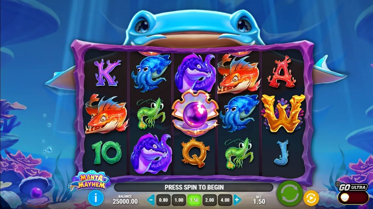 Tampilan visual slot Manta Mayhem dengan tema bawah laut yang ceria dan penuh warna.